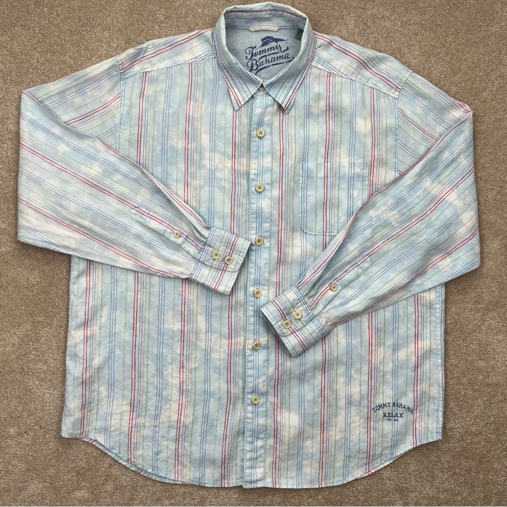 Tommy Bahama Shirt Adult XL Blue Red Button Up Stripes Tie dye Linen Preppy Men
